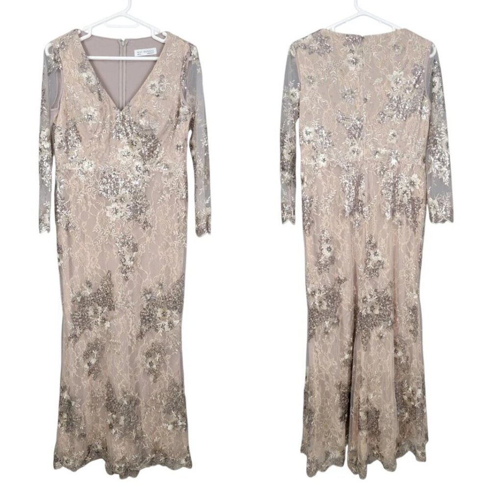 Mac Duggal Taupe 67539 Sequin V-Neck Long Sleeve Formal Gown Dress NEW - Picture 12 of 15